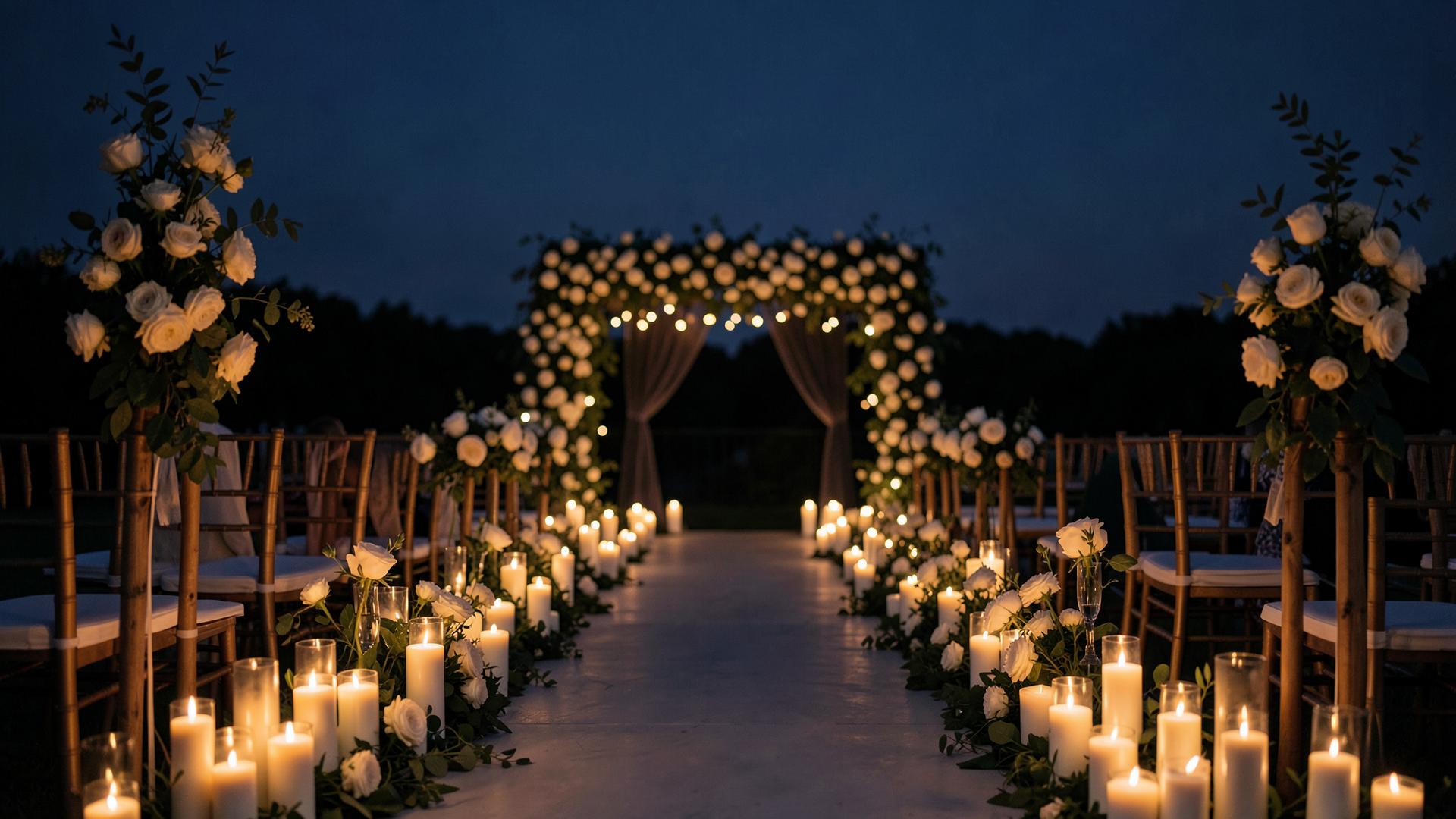 Candlelit ceremony aisle lined with white roses at dusk